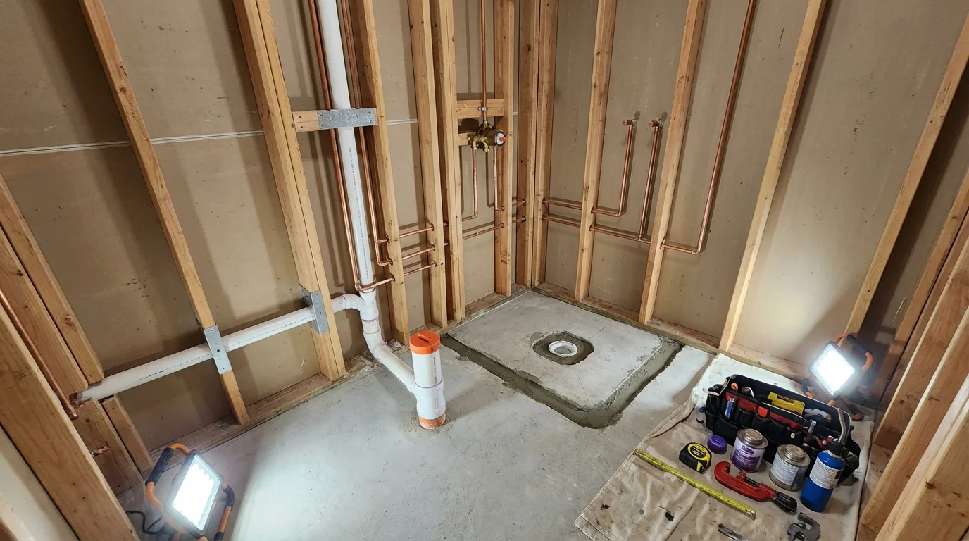 Bathroom rough-in plumbing during remodel by Johns Plumbing LLC in Wheatland