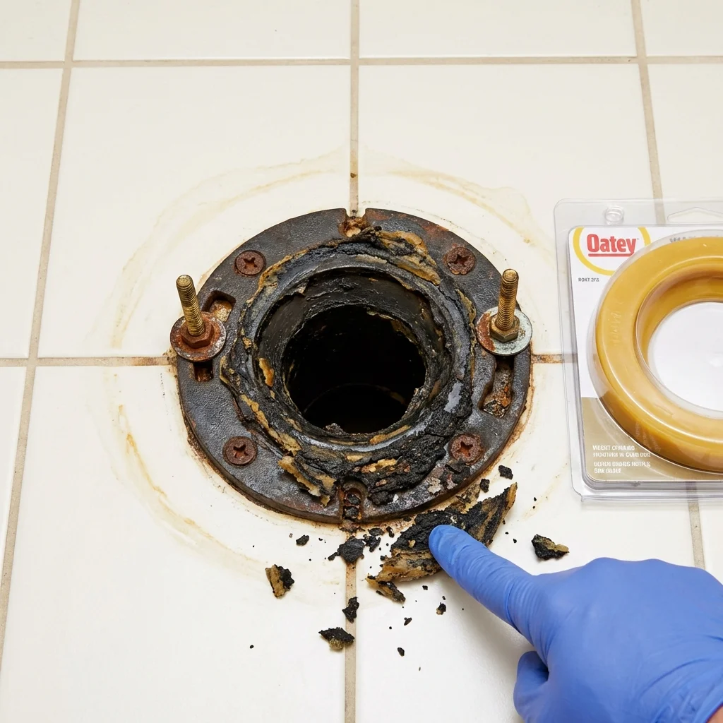 Failed wax ring showing water seepage at the base of a toilet in a Wheatland, WY home